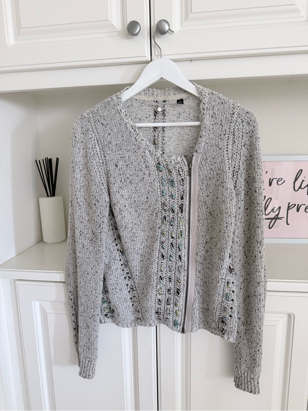 Anthropologie Light Gray Openwork Zip Cardigan with Multicolor Ribbon Accents